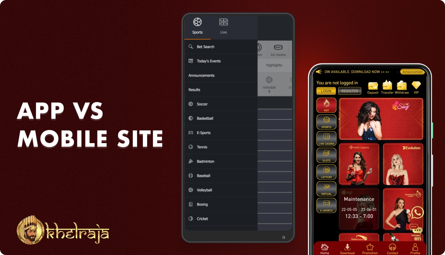 The mobile version of the website and the Khelraja app have a few minor differences