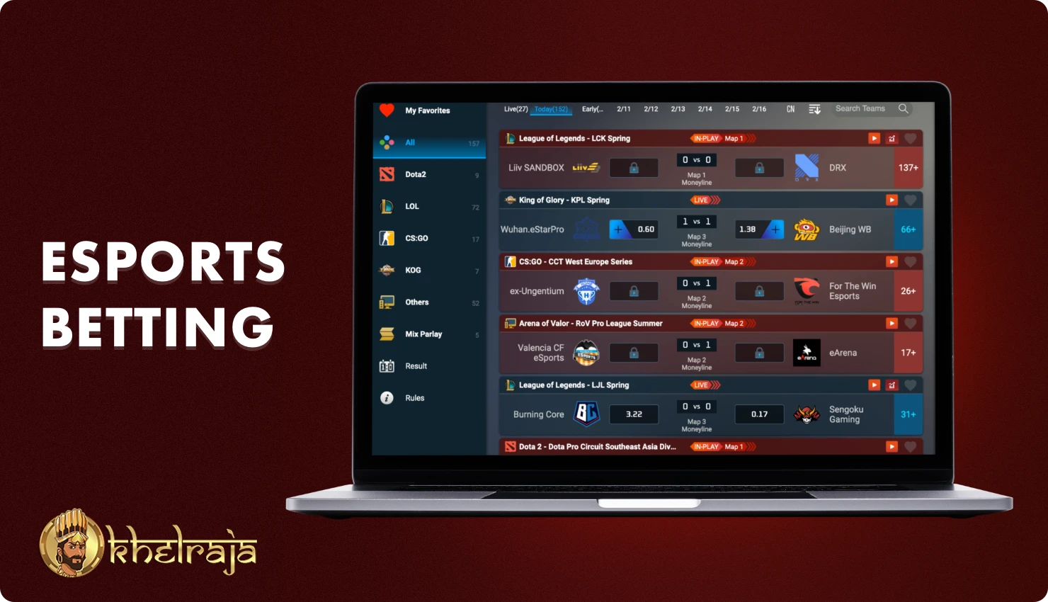 On the Khelraja platform, various types of eSports betting are available to Indian users