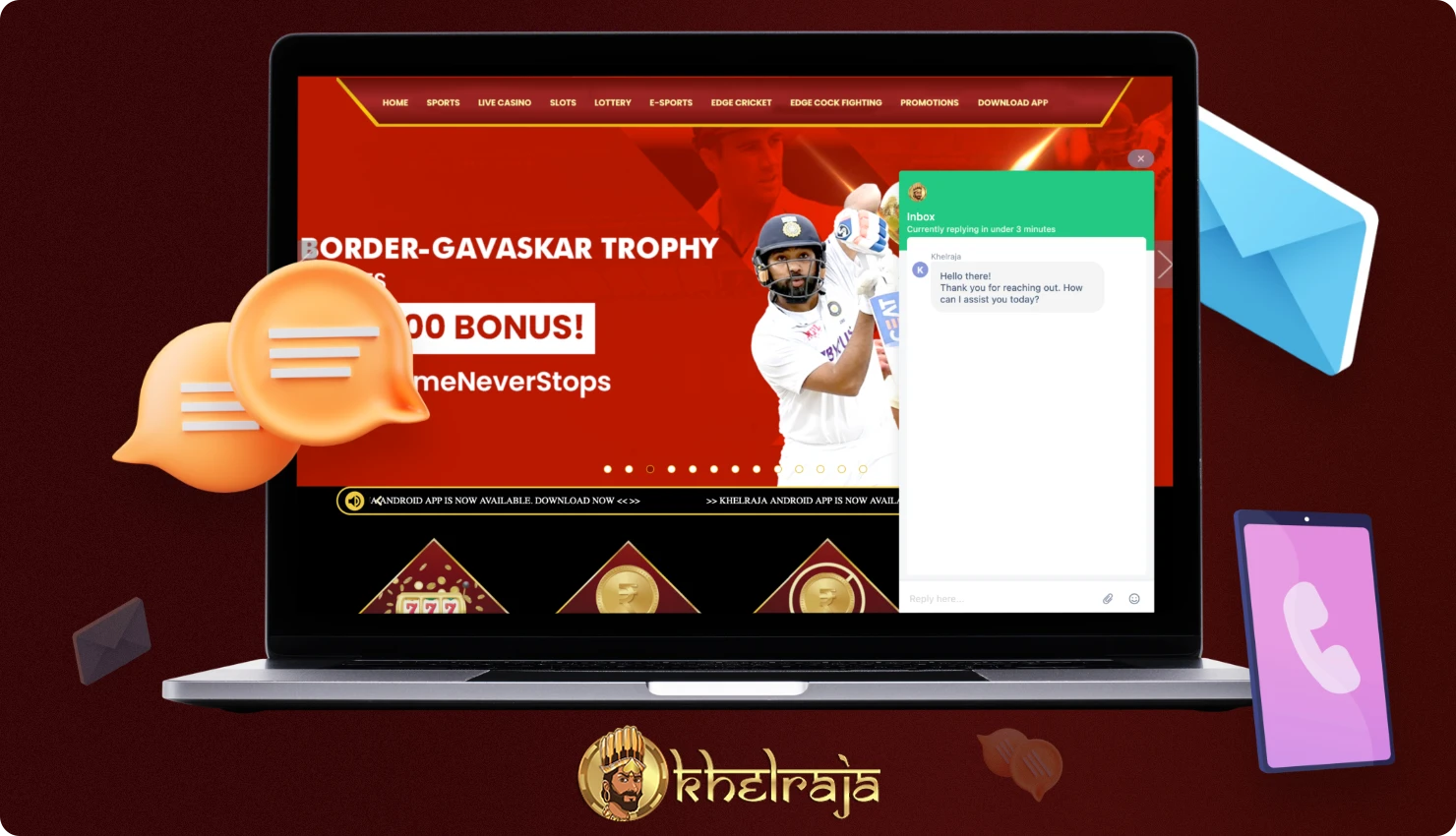 भारत में Khelraja की सहायता टीम से संपर्क करने के लिए, आप ऑनलाइन चैट सहित विभिन्न प्रकार के फ़ीडबैक विकल्पों का उपयोग कर सकते हैं
