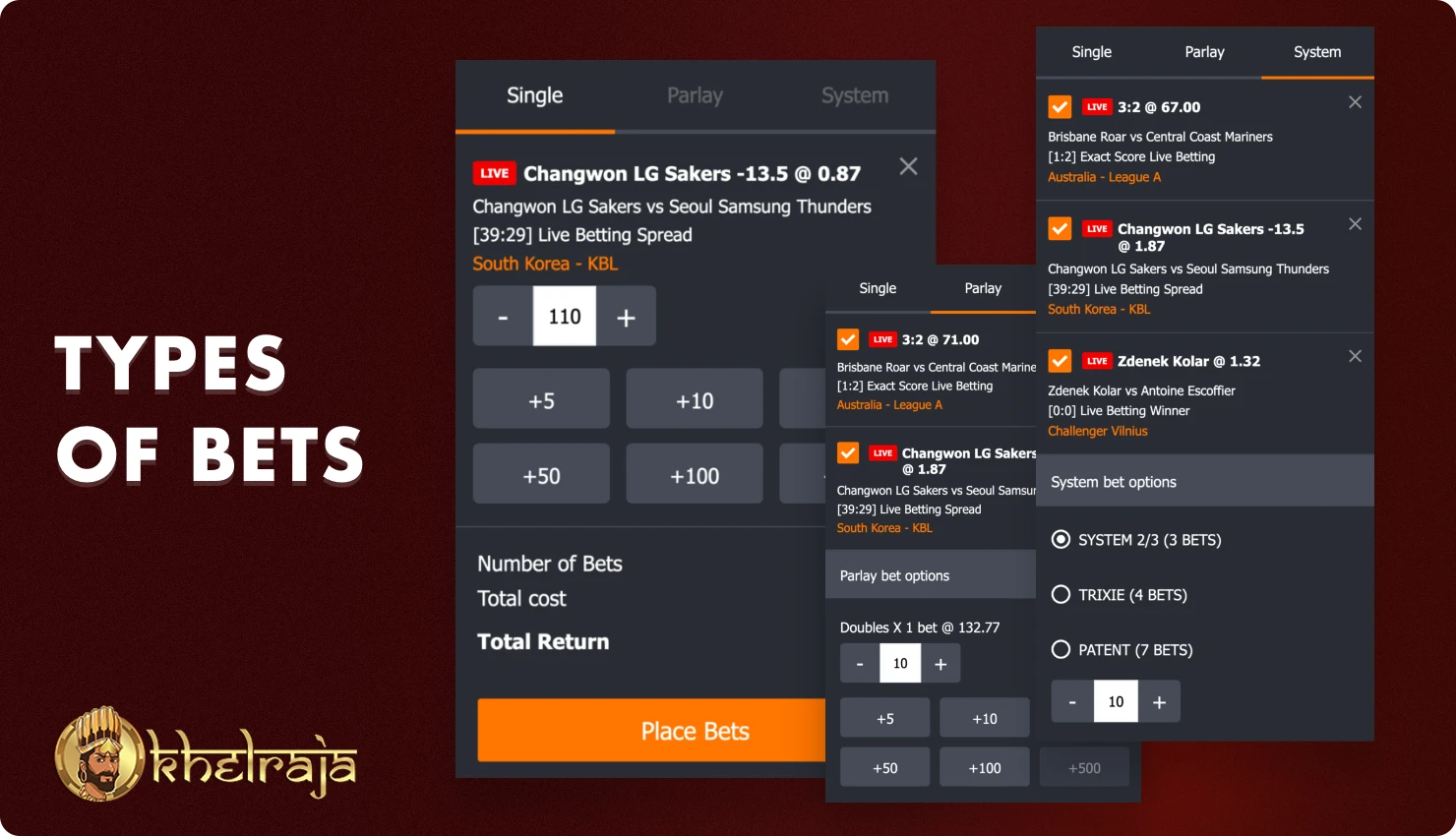 On the Khelraja platform players from India have different types of bets available